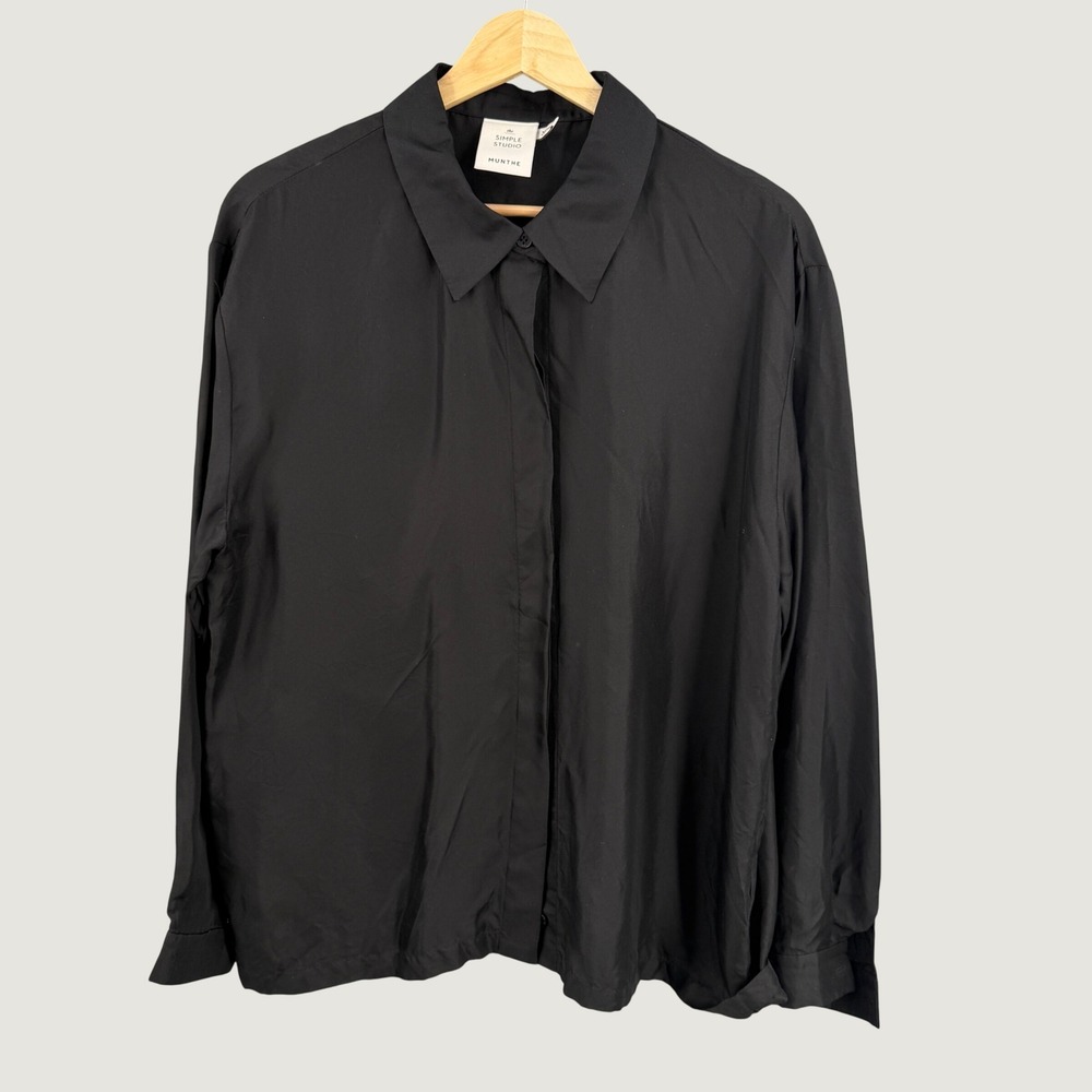 Munthe Button Up Shirt Size 36 Black 100% Silk Long Sleeve Simple Studio